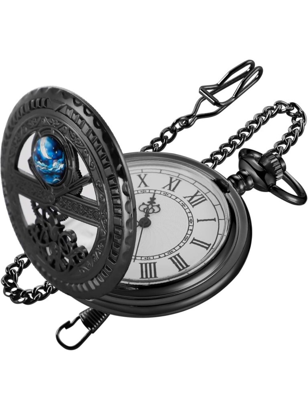 Men's All Black Analog Quartz Arabic Numeral Moon Phase Chain Dial Pocket Watch